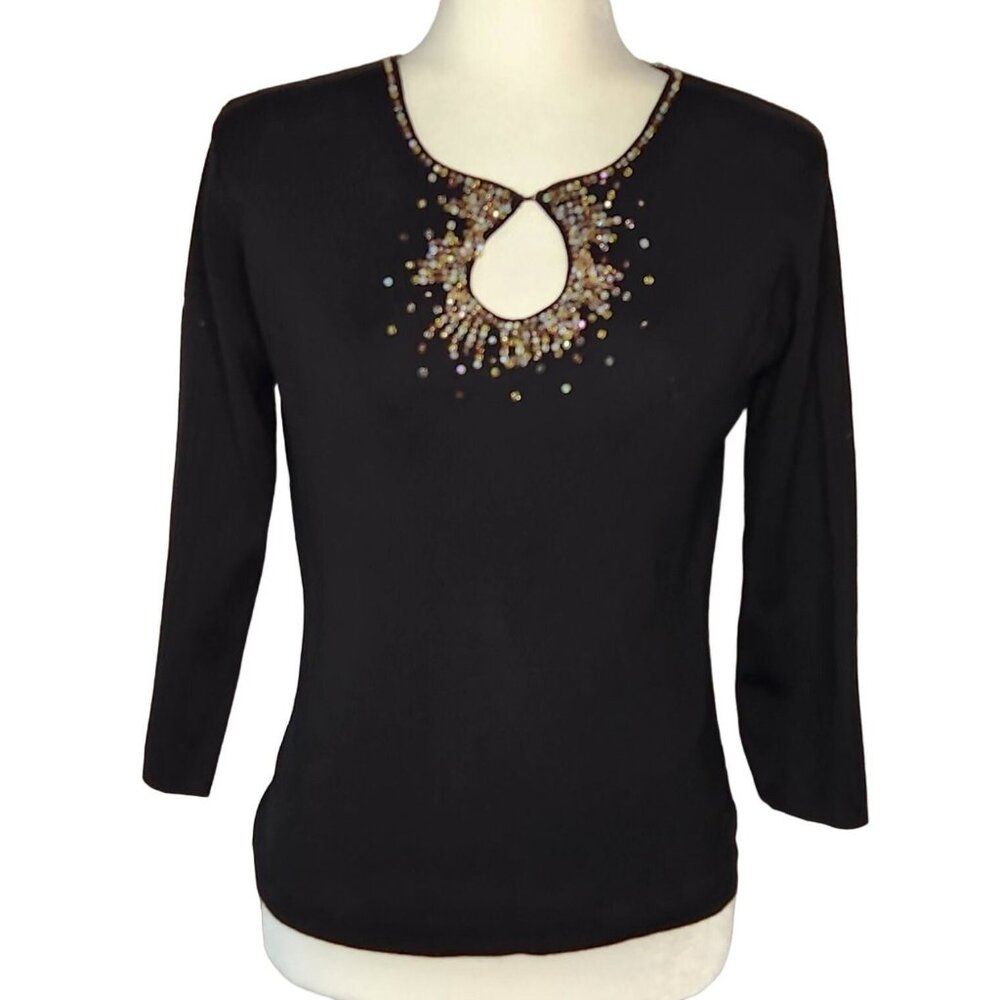 Vtg 90s Medium‎ Sweater Black Sequin Silk Blend Keyhole Glam Sexy NOS Joseph A